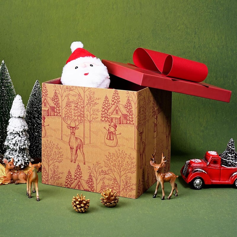 LaRibbons Large Christmas Gift Boxes with Lids, 10x10x10 Inches Rustic Red Winter Toile Theme with Deer Design Folding Square Gift Boxes for Christmas Decorative Xmas Present - Image 3